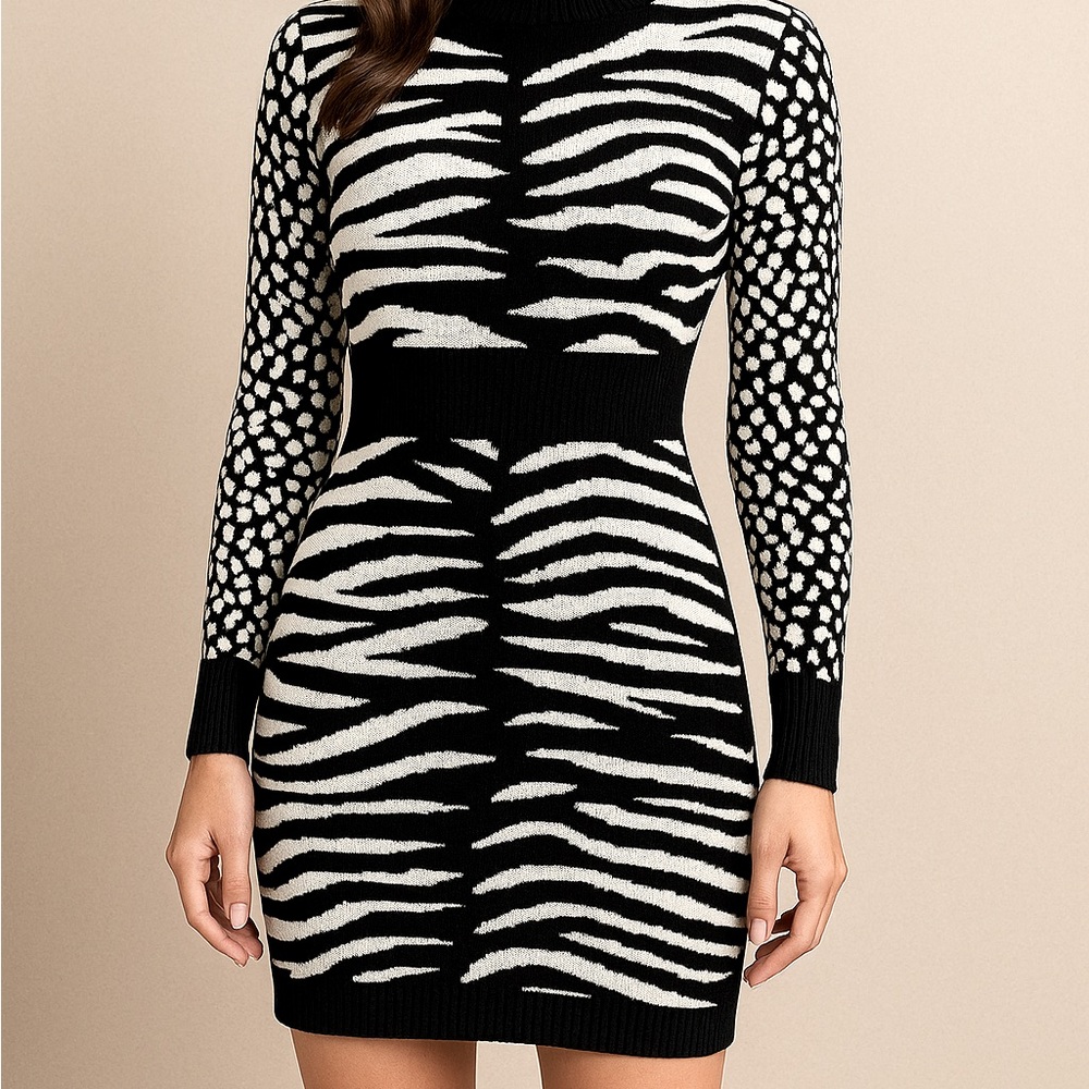 NWT  Retro 80’s look Black and White Zebra Print Dress Sz M